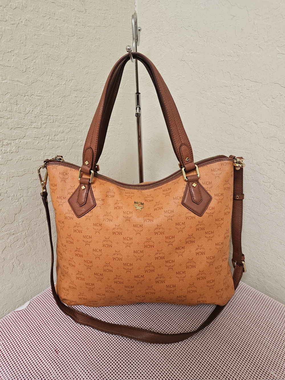 MCM Monogram Orange With Long Handle Tote Bag AUTHENTIC